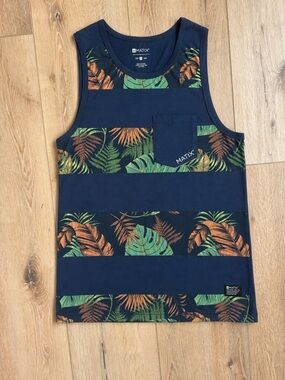 Matix Navy Tank Top with Green and Brown Tropical Print
